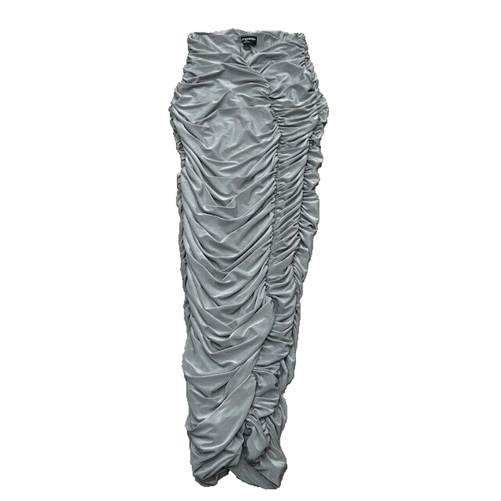 Naked Wardrobe Hourglass Ruched Midi Skirt Mid Rise V-Waist Silver Grey Size XS